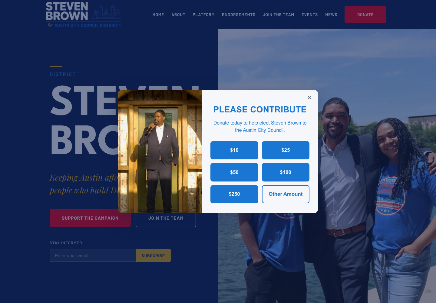Steven Brown for Austin City Council District 1 campaign website and donation experience